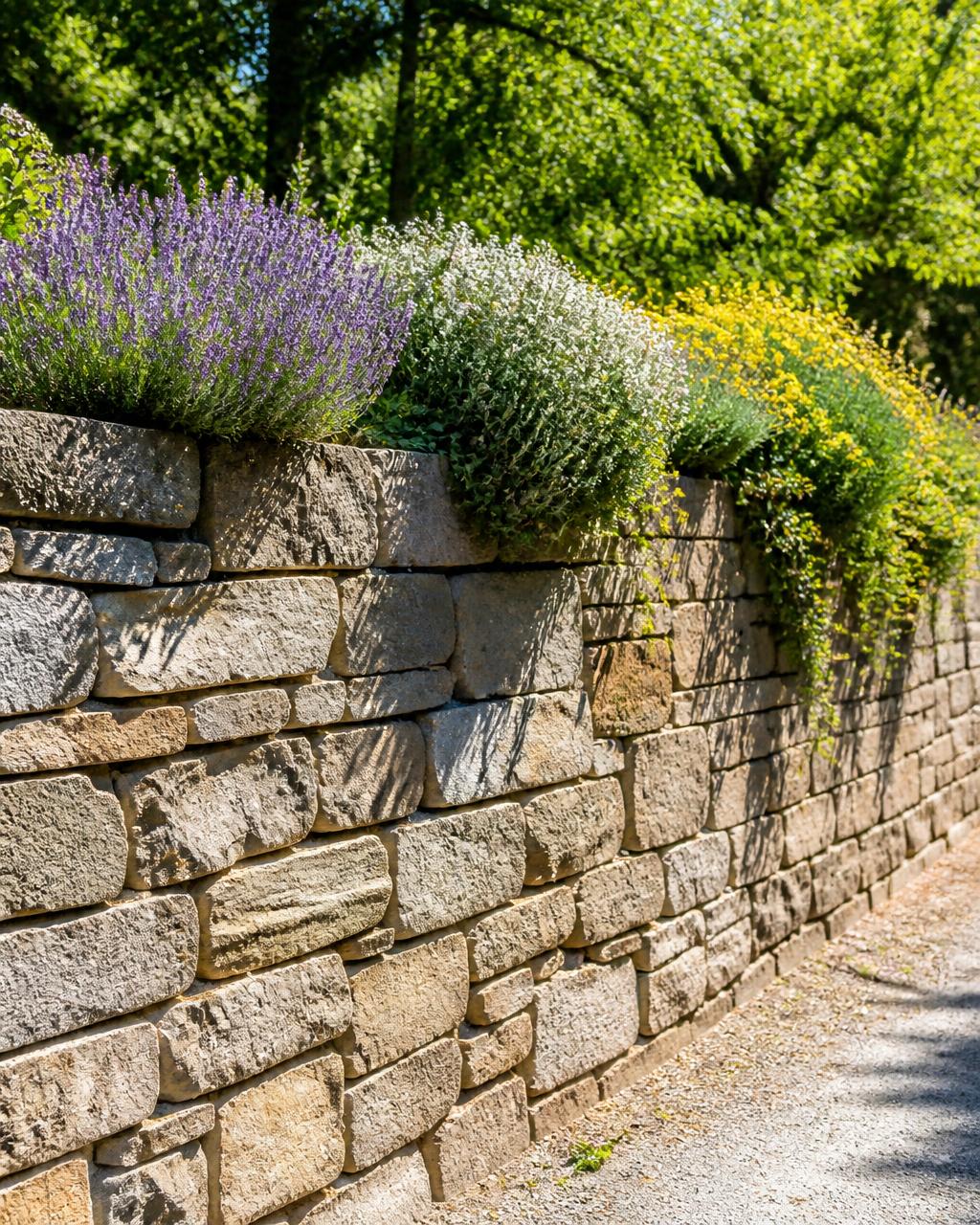 Stone retaining wall with plantings