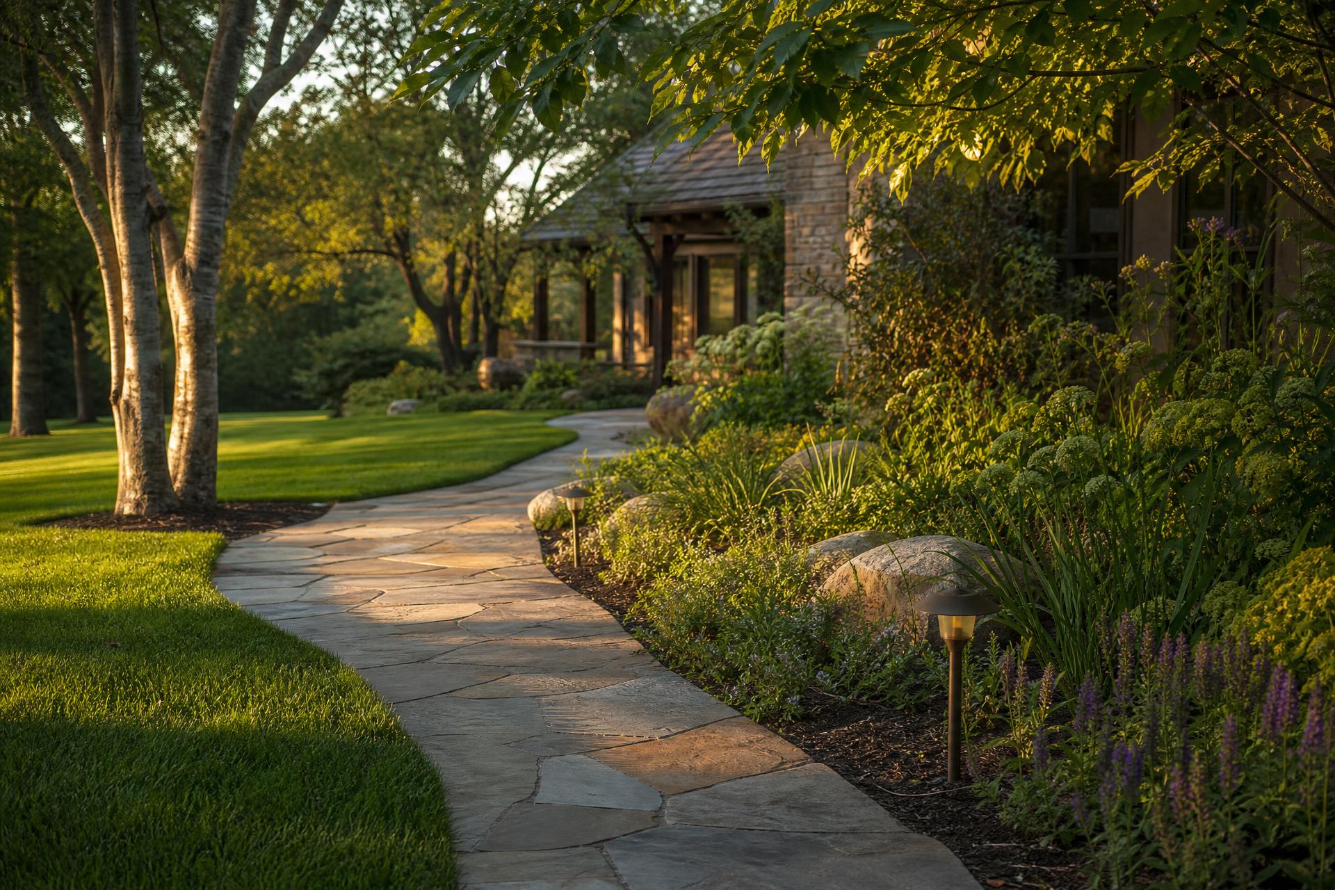 Manicured garden at golden hour